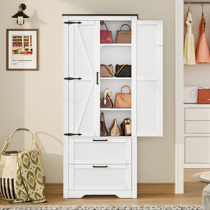 TEENFON 66.2" H Storage Cabinet with 2 Drawers, Farmhouse Kitchen Pantry Cabinet with 2 Doors & Adjustable Shelf, Bathroom Cabinet, for Living Room, Kitchen, Bathroom, White