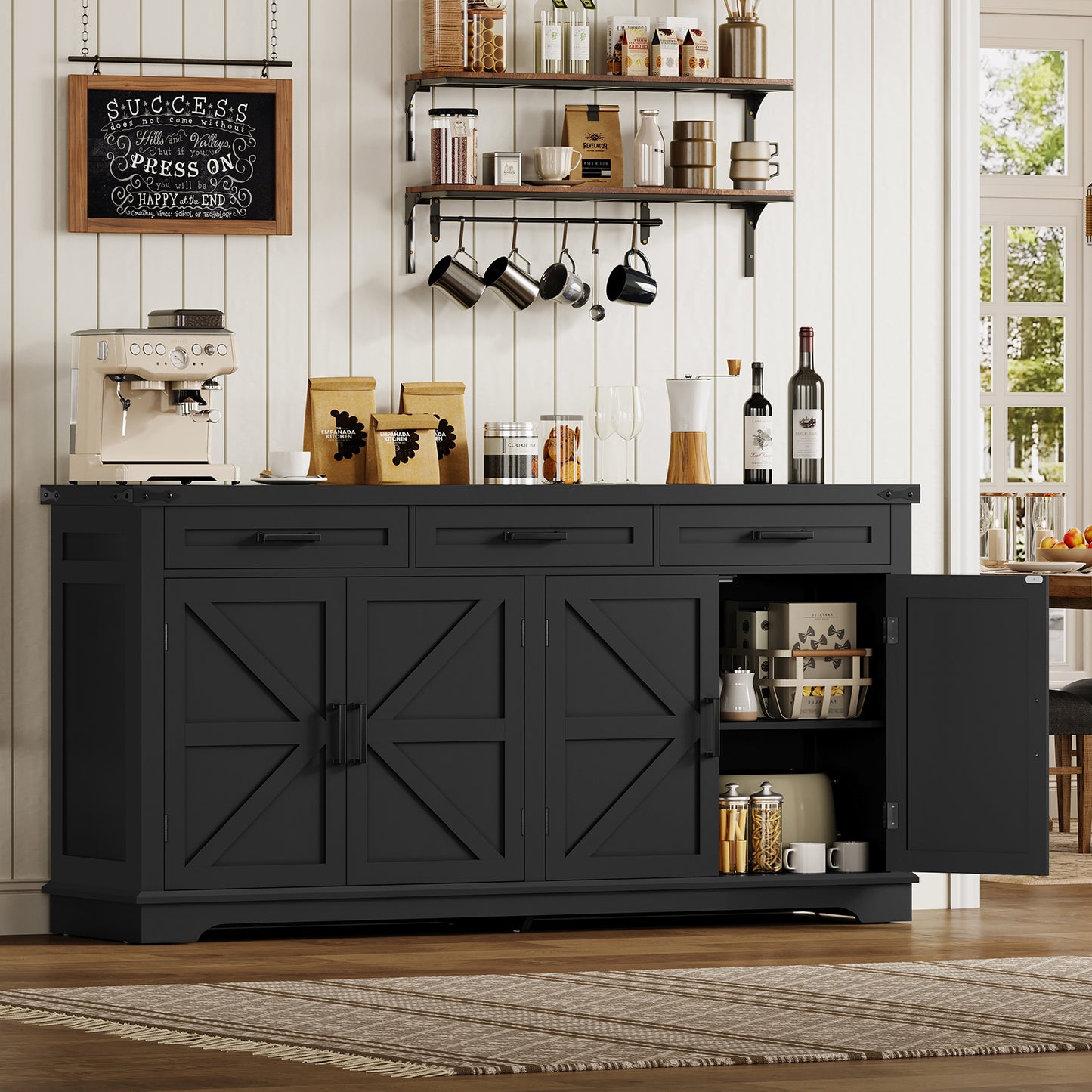 TEENFON 61" Farmhouse Buffet Cabinet with 2 Adjustable Shelves, Sideboard with 3 Drawers & 4 Doors, Rustic Storage Cabinet, Coffee Bar for Kitchen, Entryway, White