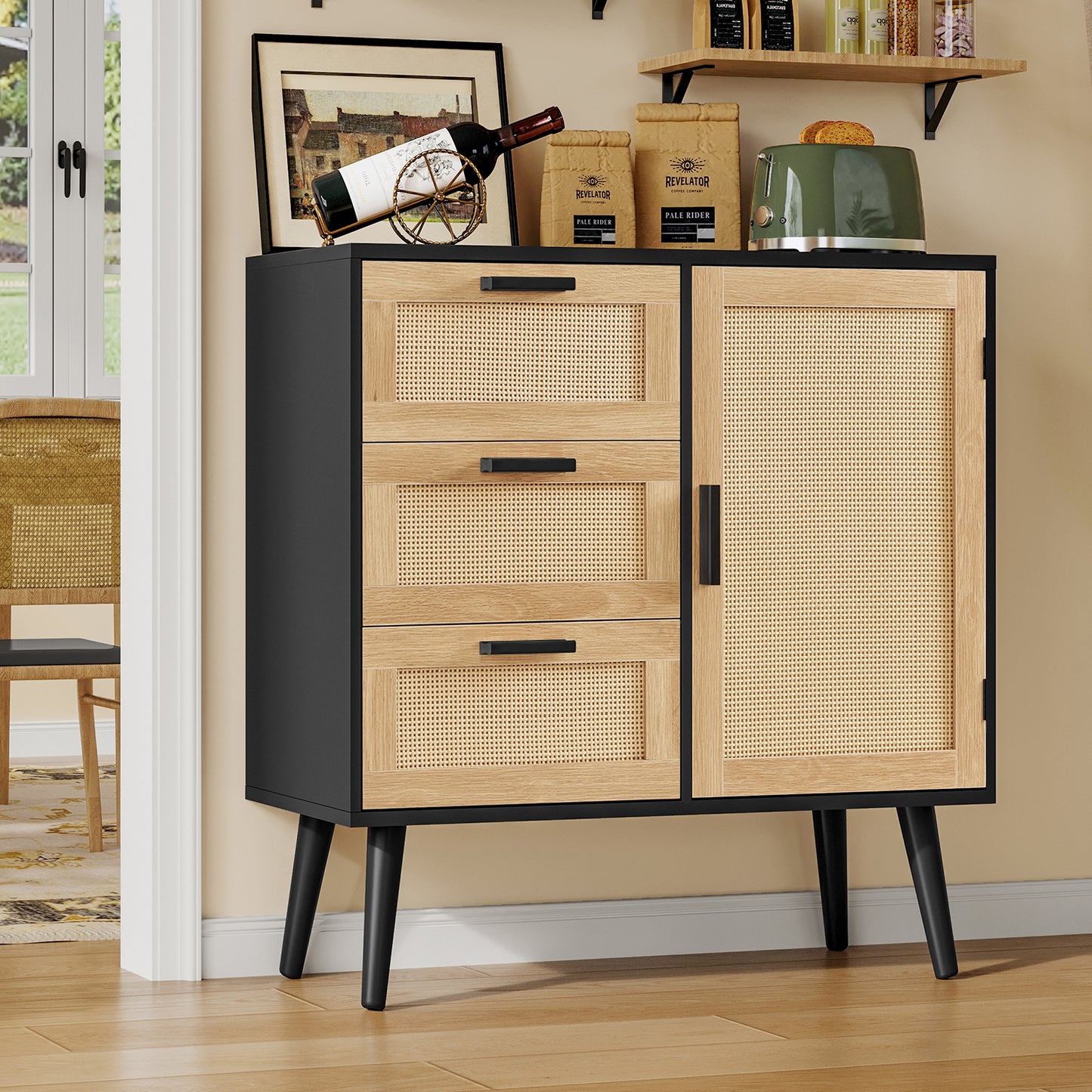 TEENFON Storage Cabinet with Adjustable Shelf & 3 Drawers, Rattan Cabinet with Doors, Freestanding Floor Accent Storage Unit for Living Room, Home Office, Natural + Black