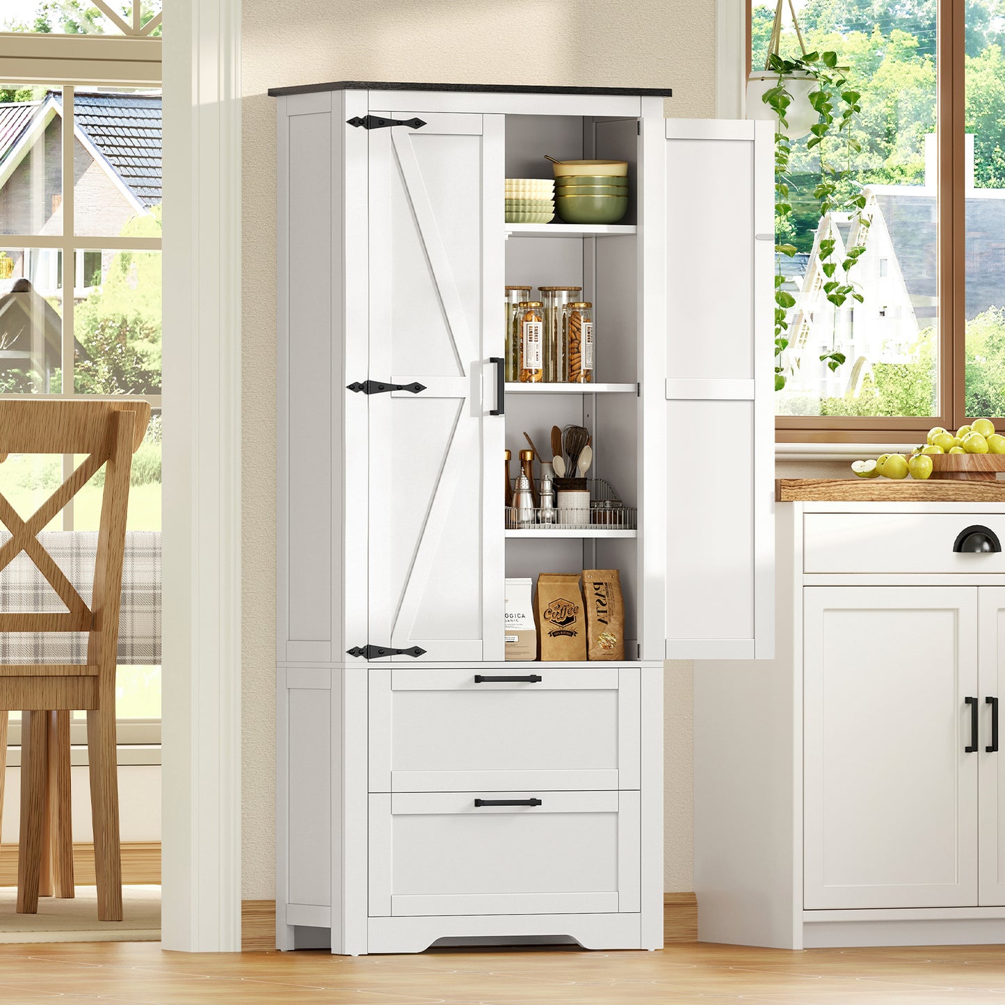 TEENFON 66.2" H Storage Cabinet with 2 Drawers, Farmhouse Kitchen Pantry Cabinet with 2 Doors & Adjustable Shelf, Bathroom Cabinet, for Living Room, Kitchen, Bathroom, White