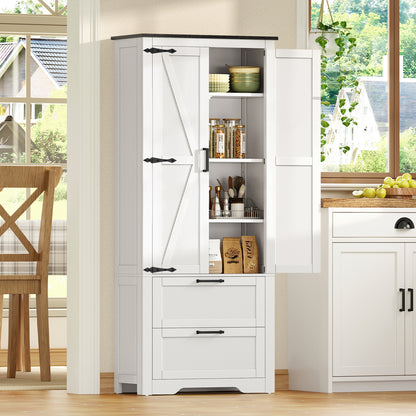 TEENFON 66.2" H Storage Cabinet with 2 Drawers, Farmhouse Kitchen Pantry Cabinet with 2 Doors & Adjustable Shelf, Bathroom Cabinet, for Living Room, Kitchen, Bathroom, White