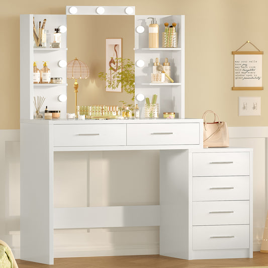 TEENFON Morden Vanity Desk with Mirror & 9 LED Lights Makeup Vanity 6 Drawers 6 Open Shelves White Vanity Table for Bedroom Women Girls