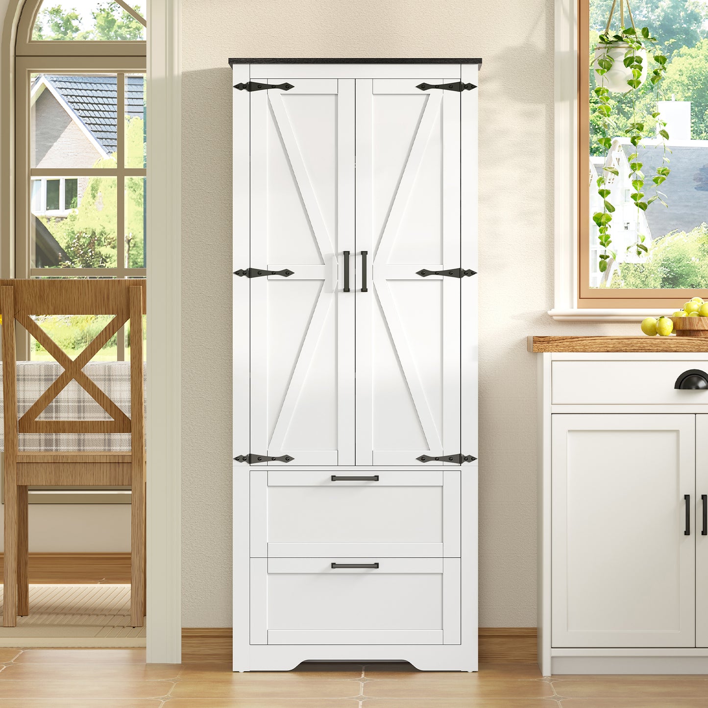 TEENFON 66.2" H Storage Cabinet with 2 Drawers, Farmhouse Kitchen Pantry Cabinet with 2 Doors & Adjustable Shelf, Bathroom Cabinet, for Living Room, Kitchen, Bathroom, White