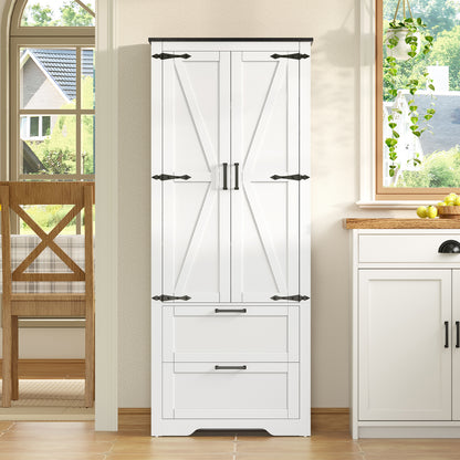 TEENFON 66.2" H Storage Cabinet with 2 Drawers, Farmhouse Kitchen Pantry Cabinet with 2 Doors & Adjustable Shelf, Bathroom Cabinet, for Living Room, Kitchen, Bathroom, White