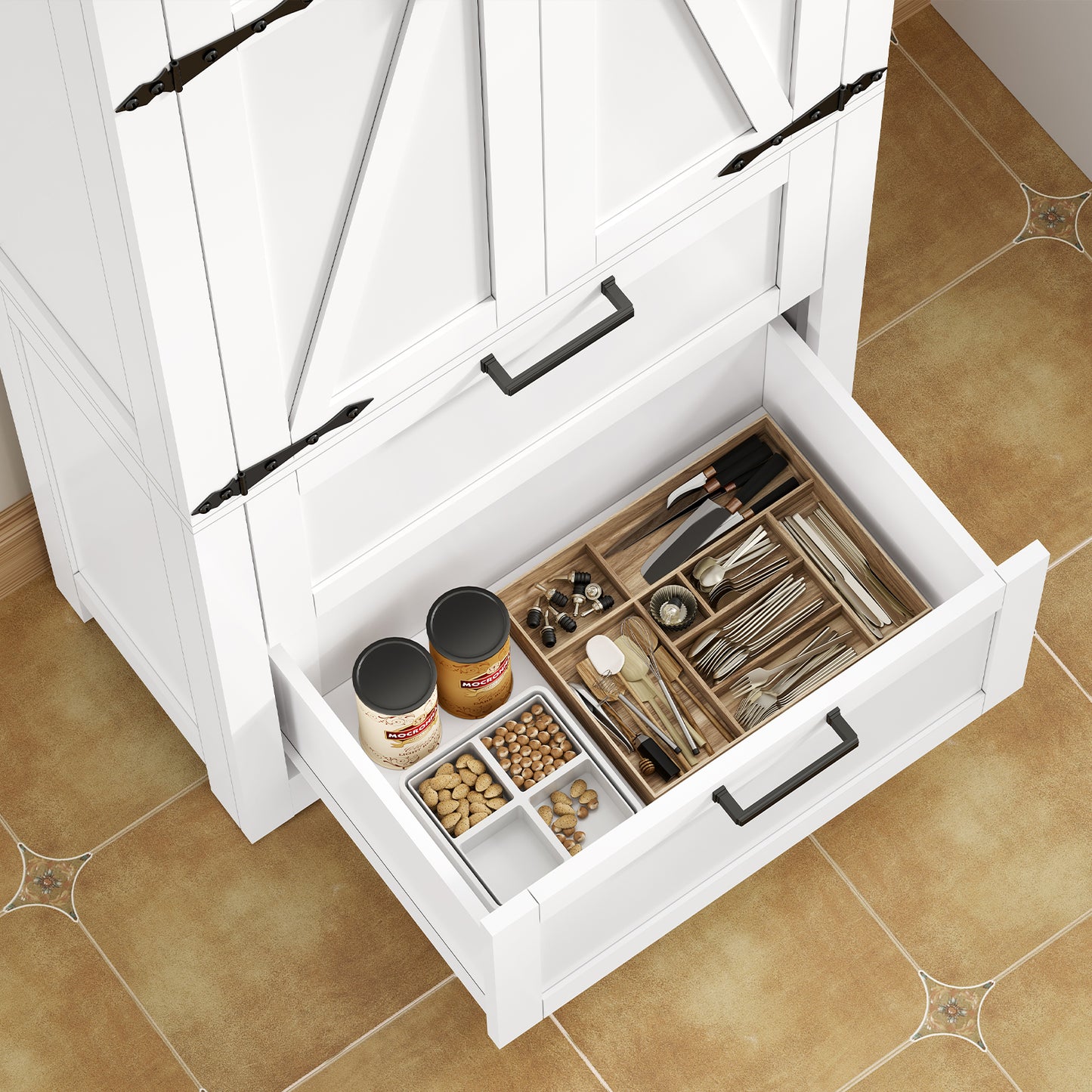 TEENFON 66.2" H Storage Cabinet with 2 Drawers, Farmhouse Kitchen Pantry Cabinet with 2 Doors & Adjustable Shelf, Bathroom Cabinet, for Living Room, Kitchen, Bathroom, White