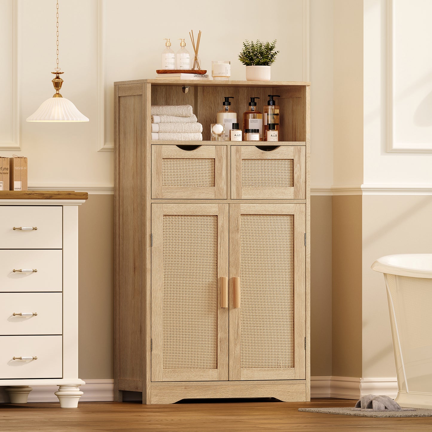 TEENFON Storage Cabinet with 2 Drawers & Adjustable Shelves, Rattan Cabinet, Kitchen Pantry Cabinets, Cupboard for Living Room, Kitchen, Home Office, Natural