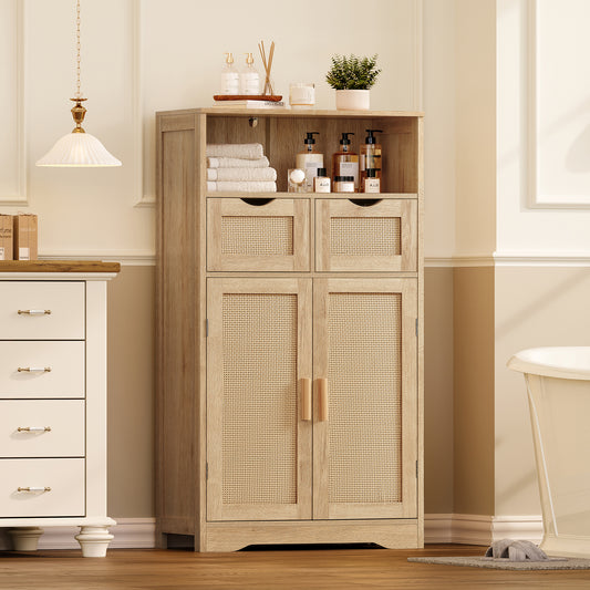 TEENFON Storage Cabinet with 2 Drawers & Adjustable Shelves, Rattan Cabinet, Kitchen Pantry Cabinets, Cupboard for Living Room, Kitchen, Home Office, Natural
