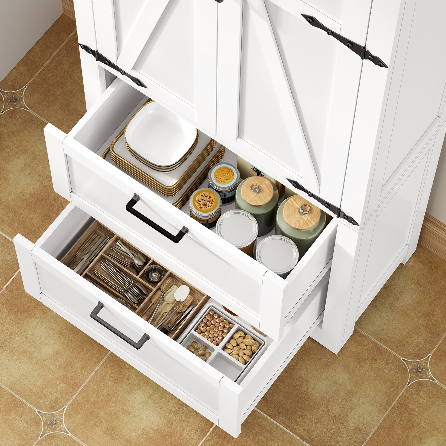 TEENFON 66.2" H Storage Cabinet with 2 Drawers, Farmhouse Kitchen Pantry Cabinet with 2 Doors & Adjustable Shelf, Bathroom Cabinet, for Living Room, Kitchen, Bathroom, White