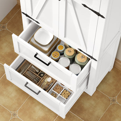 TEENFON 66.2" H Storage Cabinet with 2 Drawers, Farmhouse Kitchen Pantry Cabinet with 2 Doors & Adjustable Shelf, Bathroom Cabinet, for Living Room, Kitchen, Bathroom, White