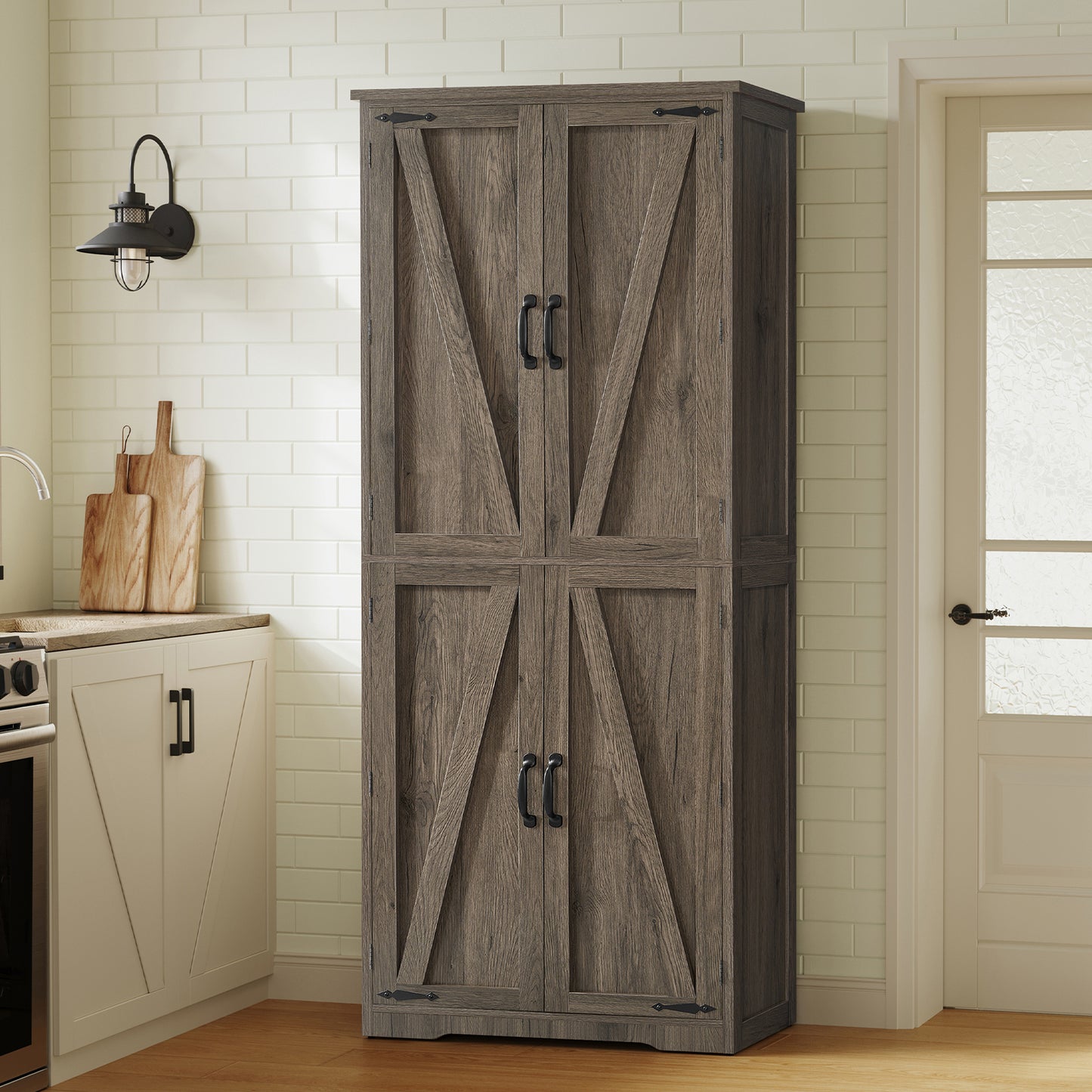 TEENFON 67" Kitchen Pantry Cabinet with 4 Doors, Farmhouse Pantry Cabinet with Adjustable Shelves, Storage Cabinet for Kitchen, Bathroom, Living Room, White