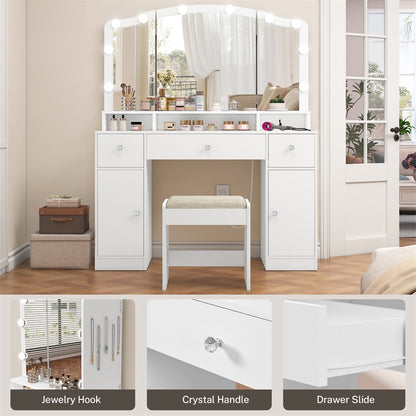 Vanity Desk with Triple Folding Mirror, Makeup Vanity with Power Outlet, Vanity Desk with 10 Lights, 3 Drawers & 2 Cabinets, Makeup Vanity Table with Soft Cushioned Stool for Women, Bedroom, Grey