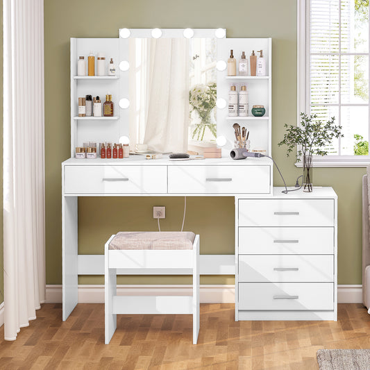 TEENFON 48" Large Vanity Desk with Mirror & Lights, Makeup Vanity Table with 6 Drawers & Power Outlet, 4 Open Storage Shelves, Vanity Desk Set with Stool, for Women Girls, White