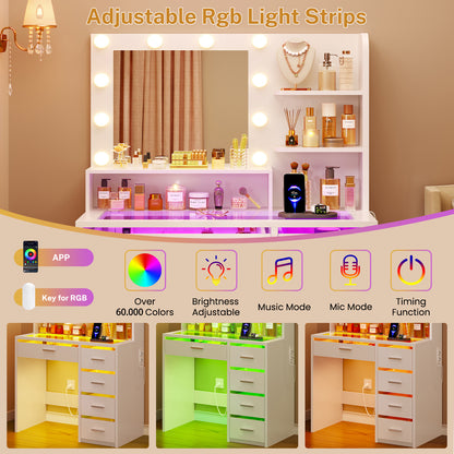 Vanity Desk with Mirror and Lights, Makeup Vanity with Glass Top