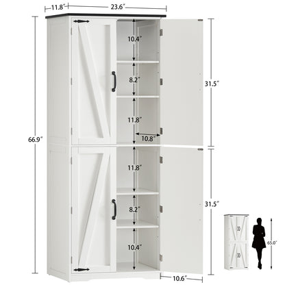TEENFON 67" Kitchen Pantry Cabinet with 4 Doors, Farmhouse Pantry Cabinet with Adjustable Shelves, Storage Cabinet for Kitchen, Bathroom, Living Room, White