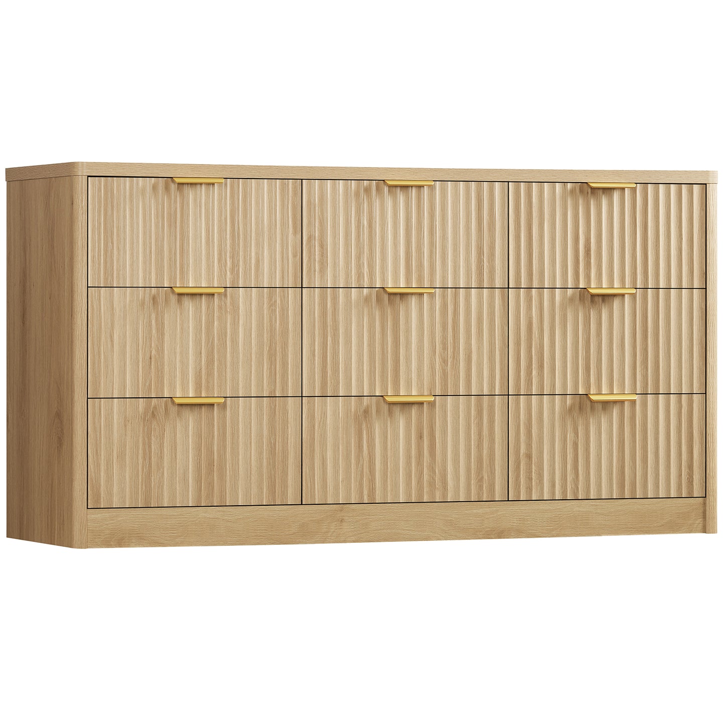 TEENFON Fluted Dresser for Bedroom with 9 Drawers, 63" Wide Modern Chest of Drawers with Metal Handle & Curved Profile Design, Wood Closet Clothes Storage Organizer for Living Room, Hallway, Natural