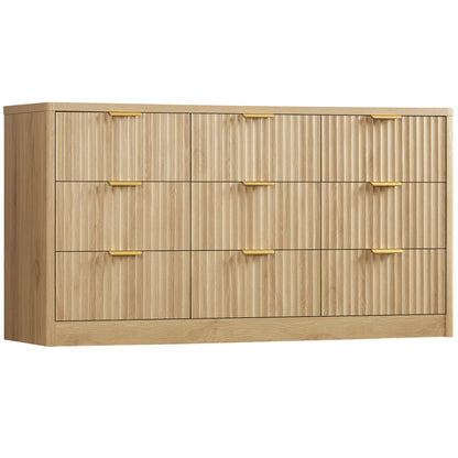 TEENFON Fluted Dresser for Bedroom with 9 Drawers, 63" Wide Modern Chest of Drawers with Metal Handle & Curved Profile Design, Wood Closet Clothes Storage Organizer for Living Room, Hallway, Natural