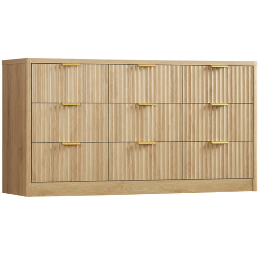 TEENFON Fluted Dresser for Bedroom with 9 Drawers, 63" Wide Modern Chest of Drawers with Metal Handle & Curved Profile Design, Wood Closet Clothes Storage Organizer for Living Room, Hallway, Natural
