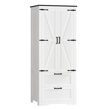 TEENFON 66.2" H Storage Cabinet with 2 Drawers, Farmhouse Kitchen Pantry Cabinet with 2 Doors & Adjustable Shelf, Bathroom Cabinet, for Living Room, Kitchen, Bathroom, White