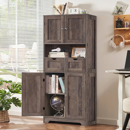 57.8" H Tall Storage Cabinet with 2 Drawers & 2 Adjustable Shelves, Floor Cabinet with 4 Doors, Tall Cabinet for Living Room, Dining Room, Entryway, Black
