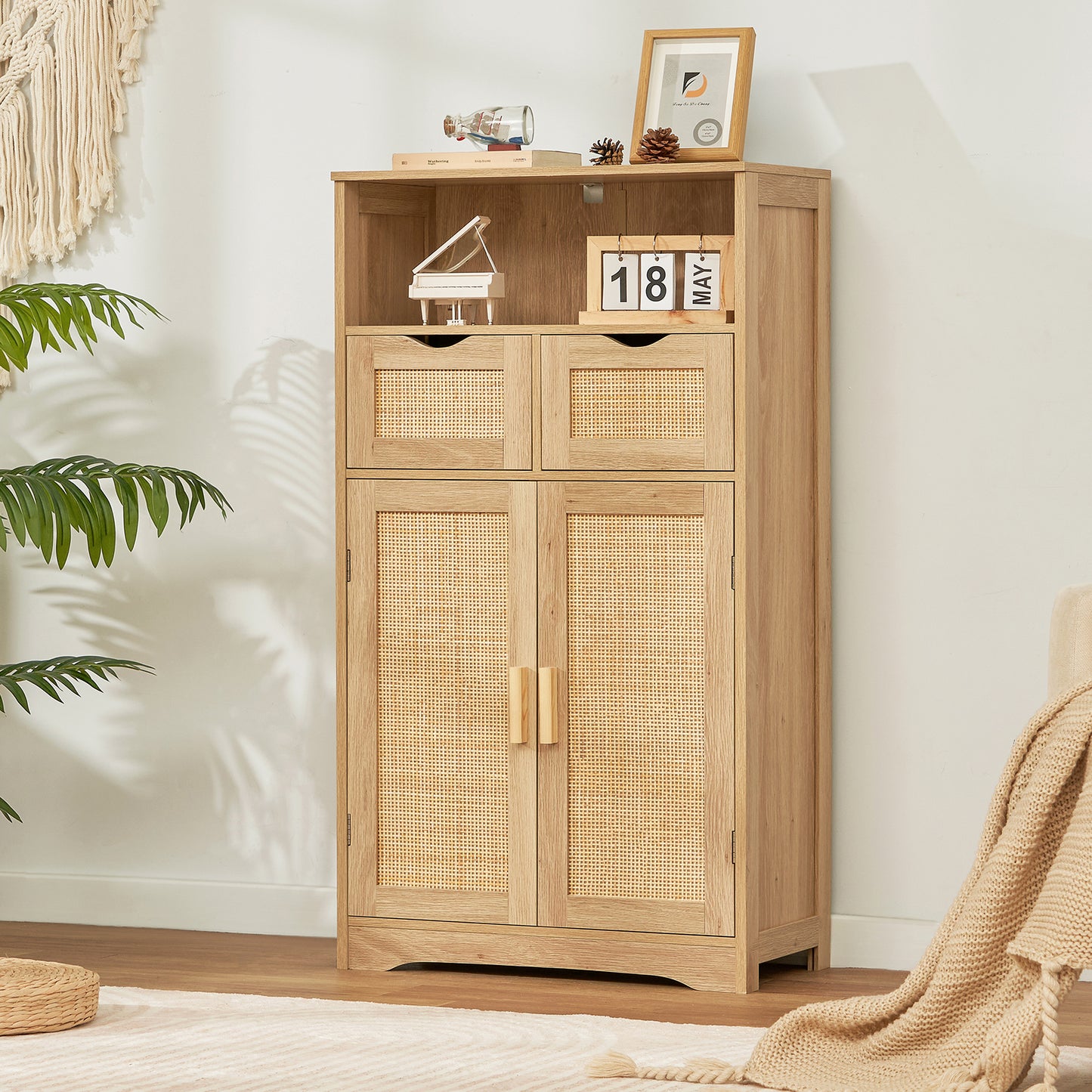 TEENFON Storage Cabinet with 2 Drawers & Adjustable Shelves, Rattan Cabinet, Kitchen Pantry Cabinets, Cupboard for Living Room, Kitchen, Home Office, Natural