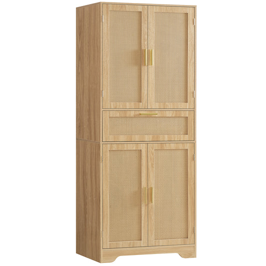 TEENFON Tall Storage Cabinet with 2 Adjustable Shelves & Large Drawer, Rattan Cabinet with 4 Doors, Pantry Cabinets for Dining Room, Living Room, Home Office, Natural