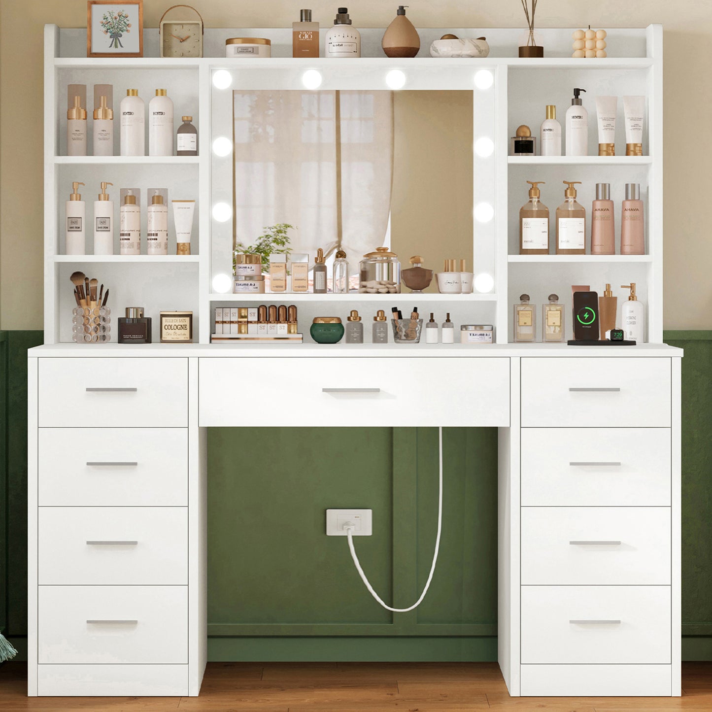 TEENFON Large Makeup Vanity with Mirror, 3 Color LED Lights and Adjustable Brightness, Makeup Table with Plugs, Drawers, Open Shelves, White, 9 Drawers and 6 Open Shelves