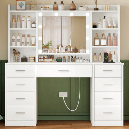 TEENFON Large Makeup Vanity with Mirror, 3 Color LED Lights and Adjustable Brightness, Makeup Table with Plugs, Drawers, Open Shelves, White, 9 Drawers and 6 Open Shelves