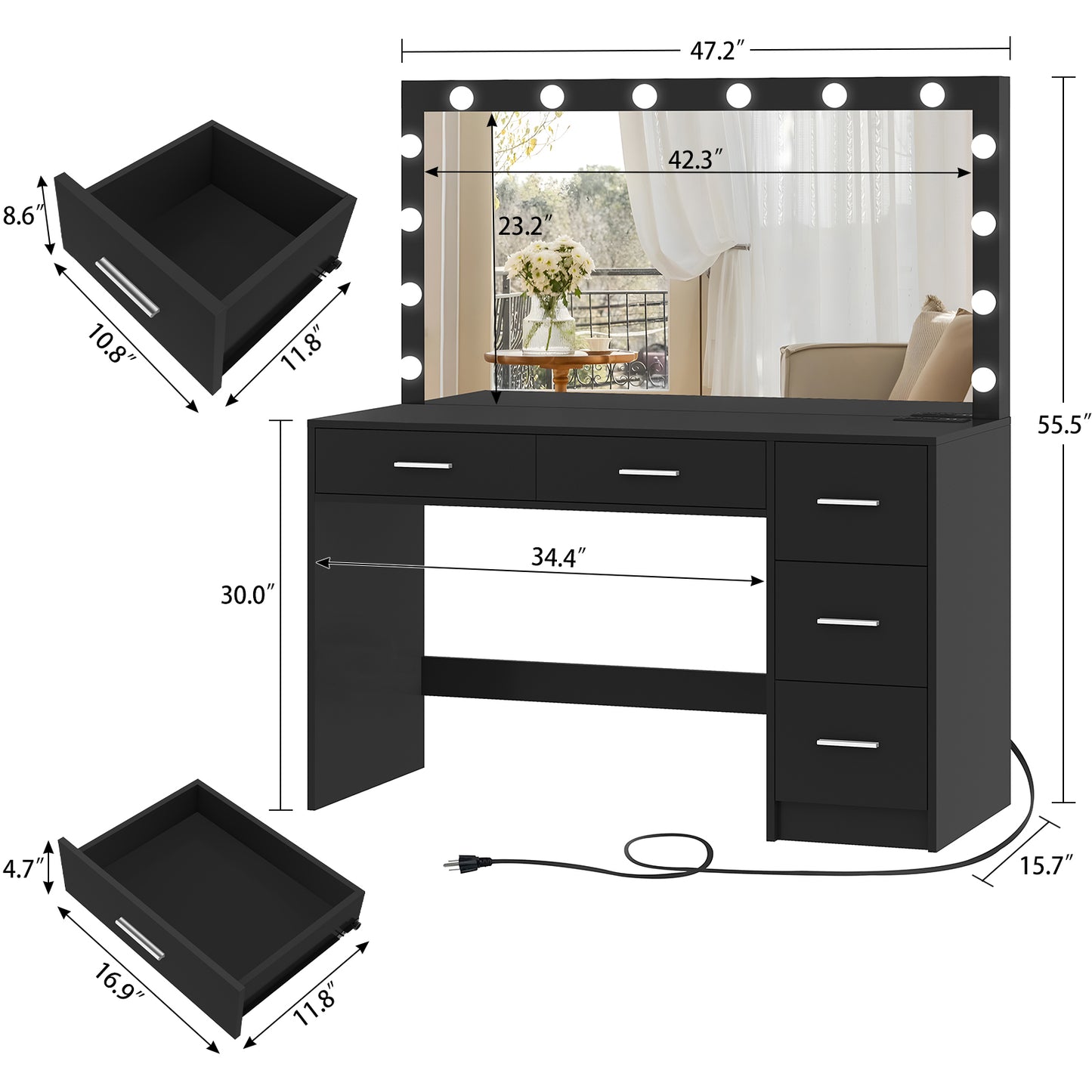 TEENFON 47.2" Large Vanity Desk with Mirror & 14 LED Lights, Makeup Vanity Table with 5 Drawers & Charging Station, Makeup Vanity Desk, 3 Lighting Colors, Dressing Vanity Table for Bedroom