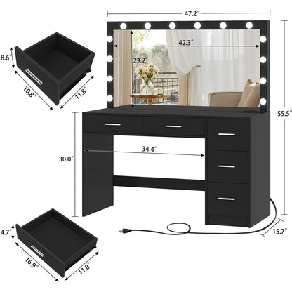 TEENFON 47.2" Large Vanity Desk with Mirror & 14 LED Lights, Makeup Vanity Table with 5 Drawers & Charging Station, Makeup Vanity Desk, 3 Lighting Colors, Dressing Vanity Table for Bedroom