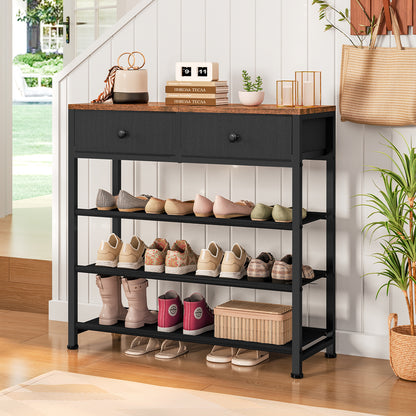 TEEFON Shoe Rack, 4 Tier Shoe Storage Organizer with 2 Drawers, Metal Shoe Shelf for 9-12 Pairs of Shoes, with 3 Oxford Fabric Shelves and Wooden Top, Shoe Stand for Closet Entryway, Black