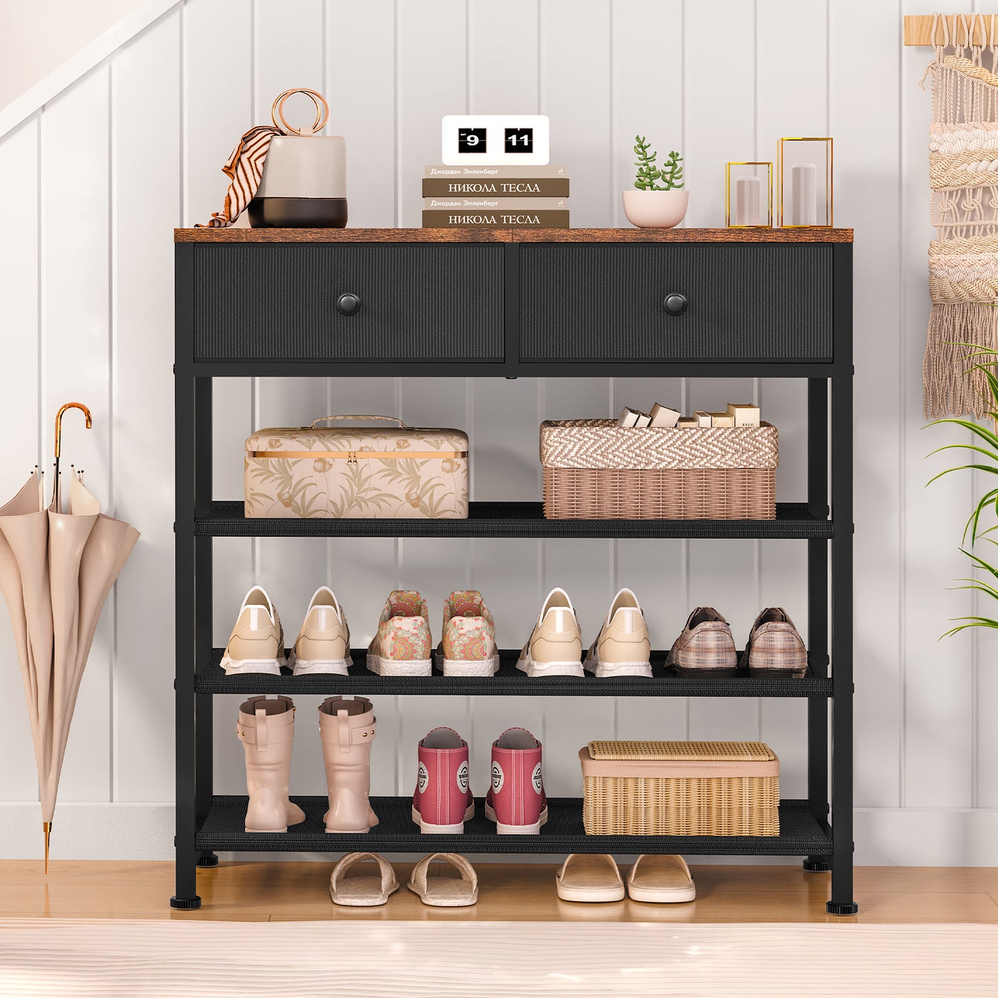 TEEFON Shoe Rack, 4 Tier Shoe Storage Organizer with 2 Drawers, Metal Shoe Shelf for 9-12 Pairs of Shoes, with 3 Oxford Fabric Shelves and Wooden Top, Shoe Stand for Closet Entryway, Black