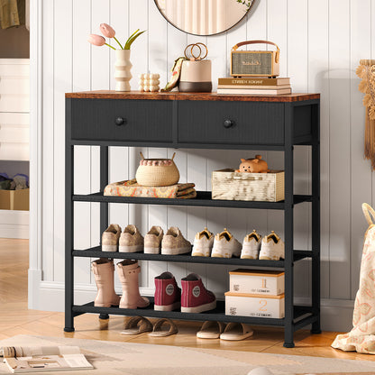 TEEFON Shoe Rack, 4 Tier Shoe Storage Organizer with 2 Drawers, Metal Shoe Shelf for 9-12 Pairs of Shoes, with 3 Oxford Fabric Shelves and Wooden Top, Shoe Stand for Closet Entryway, Black