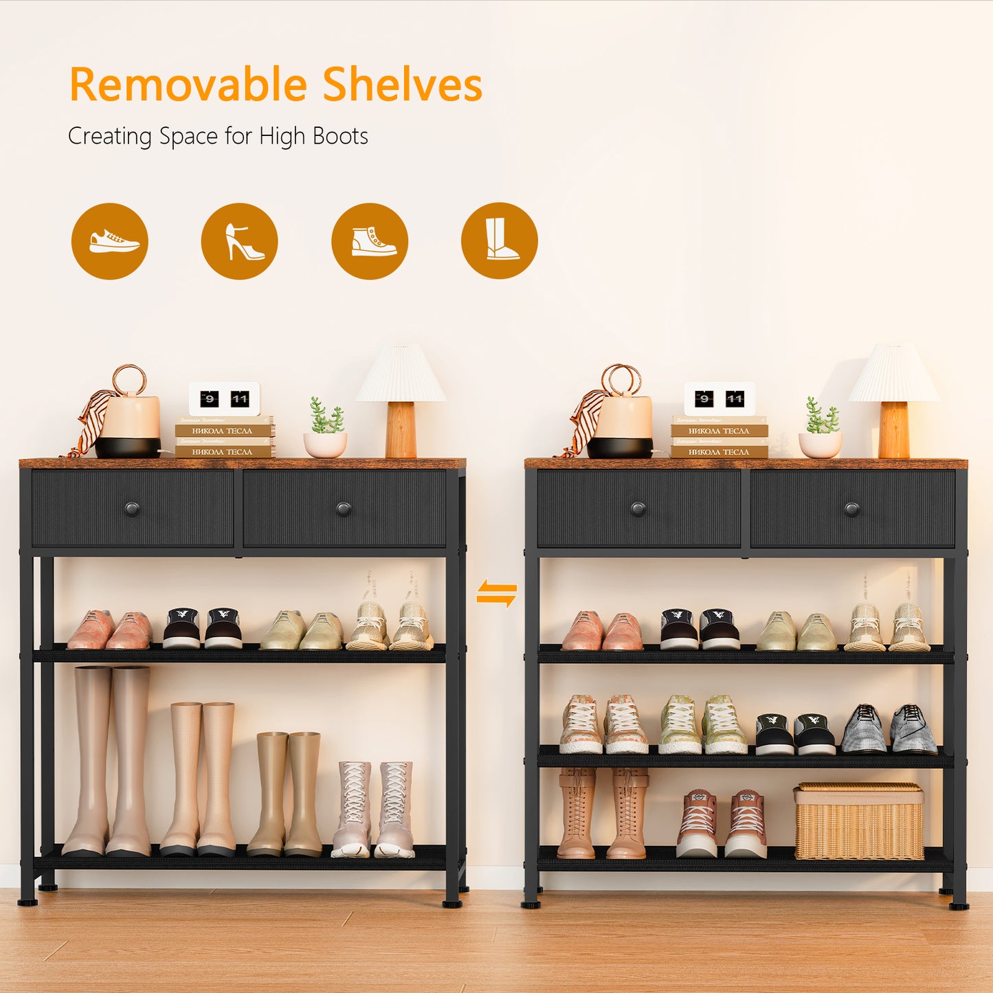 TEEFON Shoe Rack, 4 Tier Shoe Storage Organizer with 2 Drawers, Metal Shoe Shelf for 9-12 Pairs of Shoes, with 3 Oxford Fabric Shelves and Wooden Top, Shoe Stand for Closet Entryway, Black