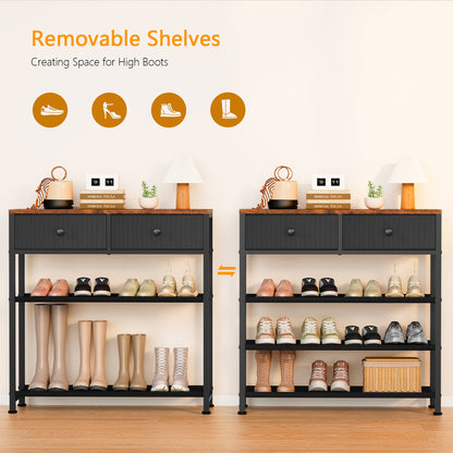 TEEFON Shoe Rack, 4 Tier Shoe Storage Organizer with 2 Drawers, Metal Shoe Shelf for 9-12 Pairs of Shoes, with 3 Oxford Fabric Shelves and Wooden Top, Shoe Stand for Closet Entryway, Black