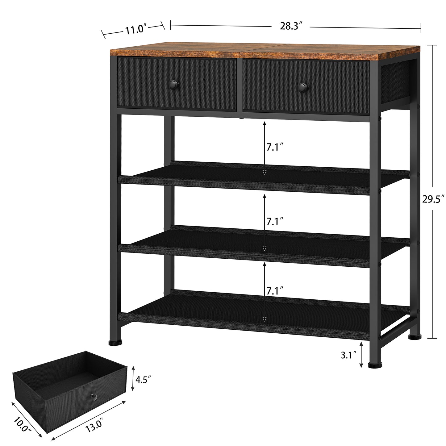 TEEFON Shoe Rack, 4 Tier Shoe Storage Organizer with 2 Drawers, Metal Shoe Shelf for 9-12 Pairs of Shoes, with 3 Oxford Fabric Shelves and Wooden Top, Shoe Stand for Closet Entryway, Black
