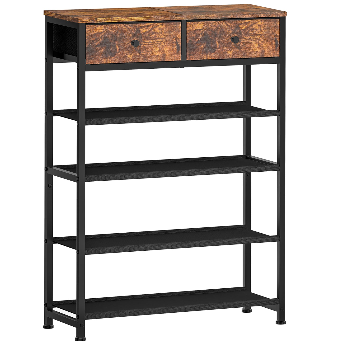 TEENFON Shoe Rack, 5 Tier Shoe Storage Organizer with 2 Drawers, Metal Shoe Shelf for 12-16 Pairs of Shoes, with 4 Oxford Fabric Shelves and Wooden Top, Shoe Stand for Closet Entryway, Rustic Brown