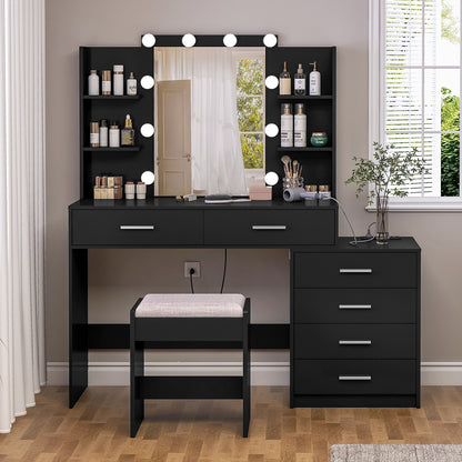 TEENFON 48" Large Vanity Desk with Mirror and Lights, Makeup Vanity with 6 Drawers, Power Outlet, Vanity Makeup Mirror Desk Table Set with 4 Storage Shelves & Stool, Best Gift for Women Girls,Black