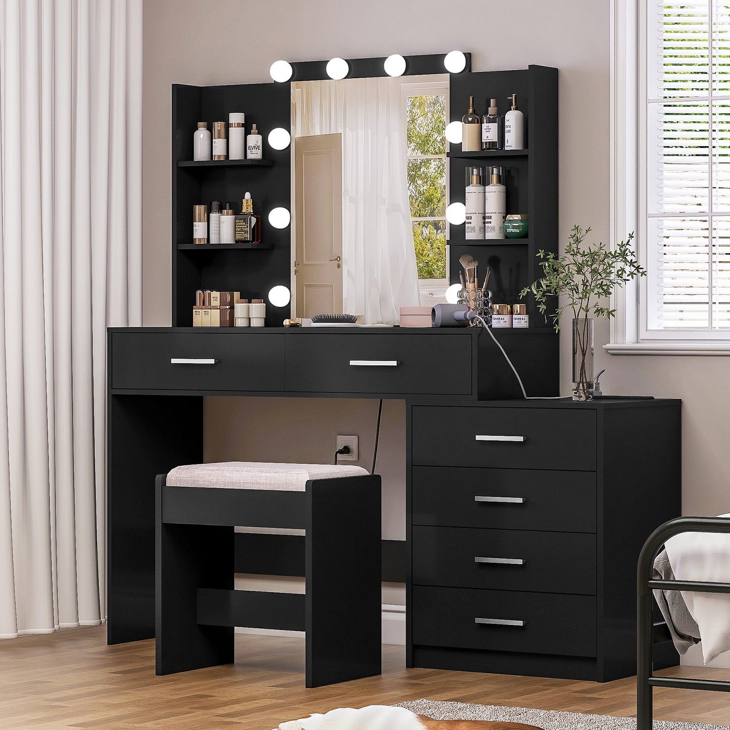 TEENFON 48" Large Vanity Desk with Mirror and Lights, Makeup Vanity with 6 Drawers, Power Outlet, Vanity Makeup Mirror Desk Table Set with 4 Storage Shelves & Stool, Best Gift for Women Girls,Black