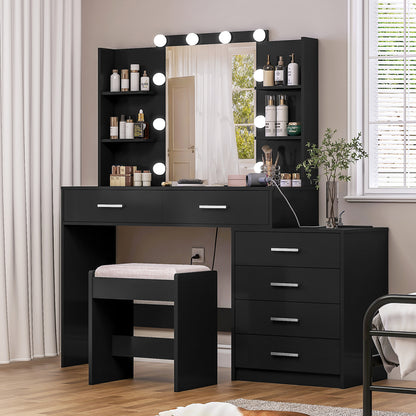 TEENFON 48" Large Vanity Desk with Mirror and Lights, Makeup Vanity with 6 Drawers, Power Outlet, Vanity Makeup Mirror Desk Table Set with 4 Storage Shelves & Stool, Best Gift for Women Girls,Black