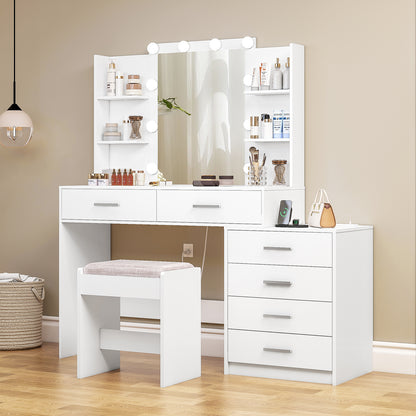 TEENFON 48" Large Vanity Desk with Mirror & Lights, Makeup Vanity Table with 6 Drawers & Power Outlet, 4 Open Storage Shelves, Vanity Desk Set with Stool, for Women Girls, White