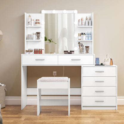 TEENFON 48" Large Vanity Desk with Mirror & Lights, Makeup Vanity Table with 6 Drawers & Power Outlet, 4 Open Storage Shelves, Vanity Desk Set with Stool, for Women Girls, White