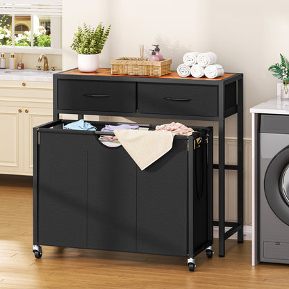 TEENFON Laundry Sorter 3 Section with Tabletop & 2 Drawers, Rolling Laundry Hamper with Pull-Out and Removable Bags, Laundry Basket Organizer with Wheels and Shelf, Metal Frame Rustic Brown for Laundry Room