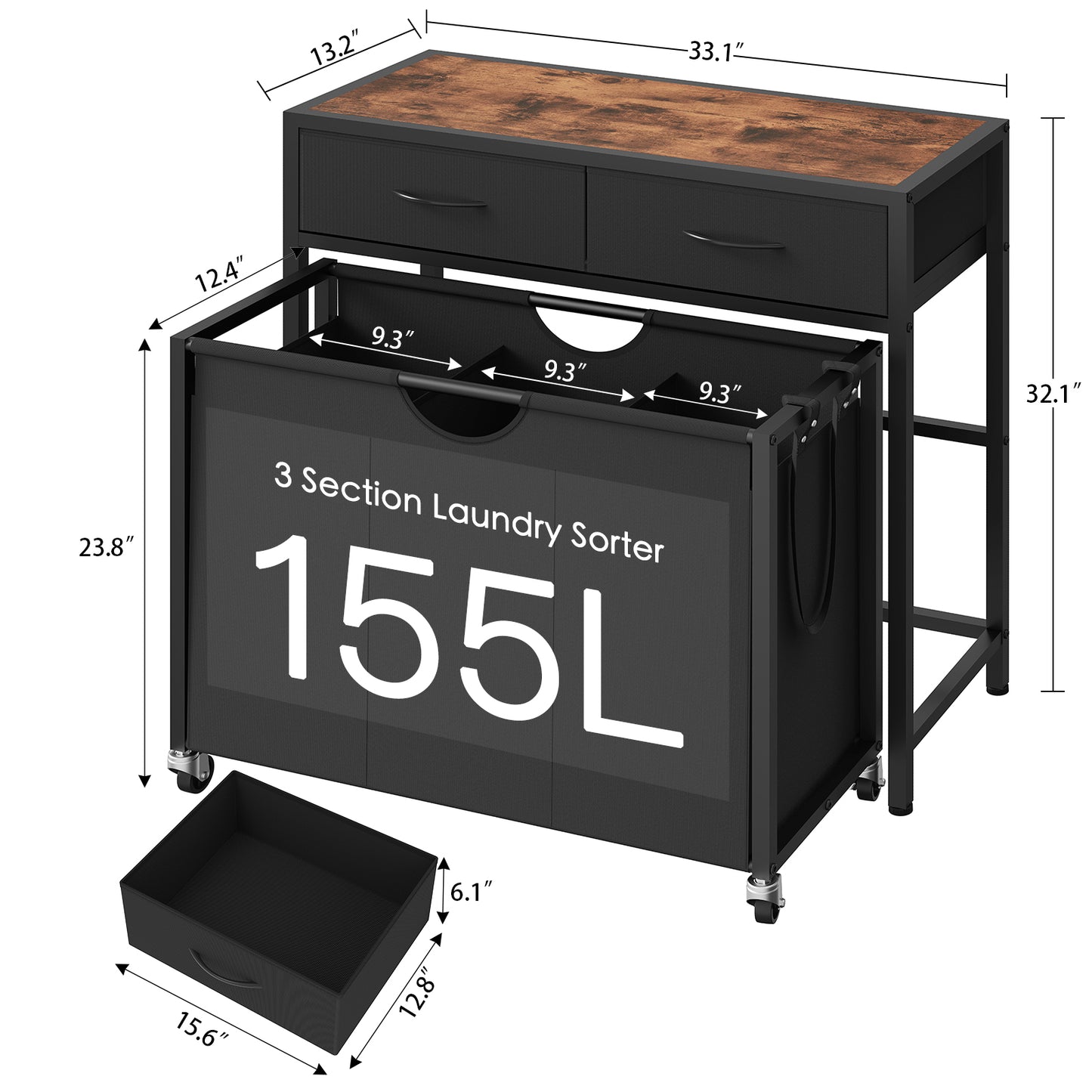 TEENFON Laundry Sorter 3 Section with Tabletop & 2 Drawers, Rolling Laundry Hamper with Pull-Out and Removable Bags, Laundry Basket Organizer with Wheels and Shelf, Metal Frame Rustic Brown for Laundry Room