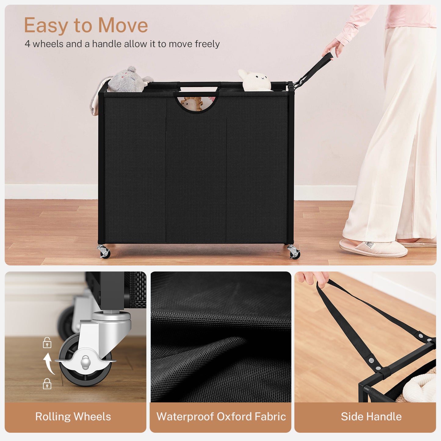 TEENFON Laundry Sorter 3 Section with Tabletop & 2 Drawers, Rolling Laundry Hamper with Pull-Out and Removable Bags, Laundry Basket Organizer with Wheels and Shelf, Metal Frame Rustic Brown for Laundry Room