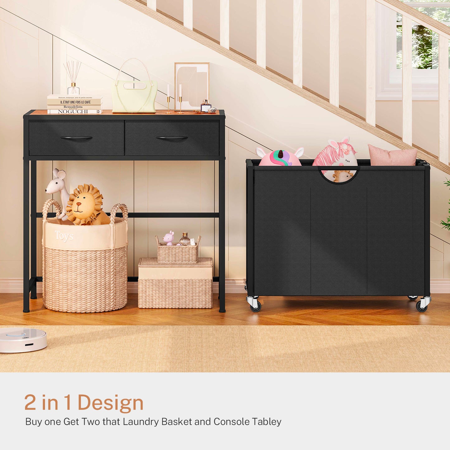 TEENFON Laundry Sorter 3 Section with Tabletop & 2 Drawers, Rolling Laundry Hamper with Pull-Out and Removable Bags, Laundry Basket Organizer with Wheels and Shelf, Metal Frame Rustic Brown for Laundry Room