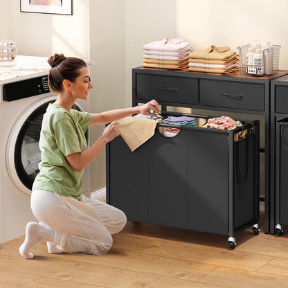 TEENFON Laundry Sorter 3 Section with Tabletop & 2 Drawers, Rolling Laundry Hamper with Pull-Out and Removable Bags, Laundry Basket Organizer with Wheels and Shelf, Metal Frame Rustic Brown for Laundry Room