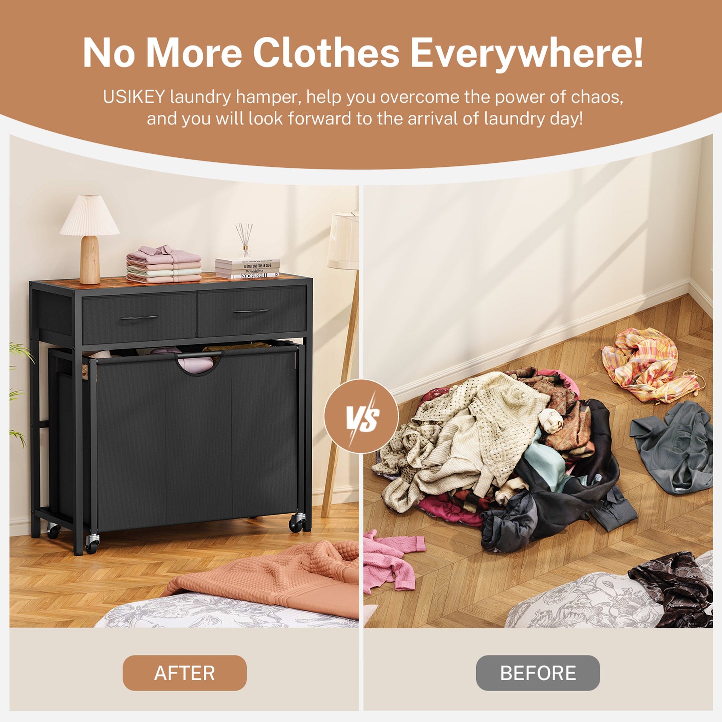 TEENFON Laundry Sorter 3 Section with Tabletop & 2 Drawers, Rolling Laundry Hamper with Pull-Out and Removable Bags, Laundry Basket Organizer with Wheels and Shelf, Metal Frame Rustic Brown for Laundry Room