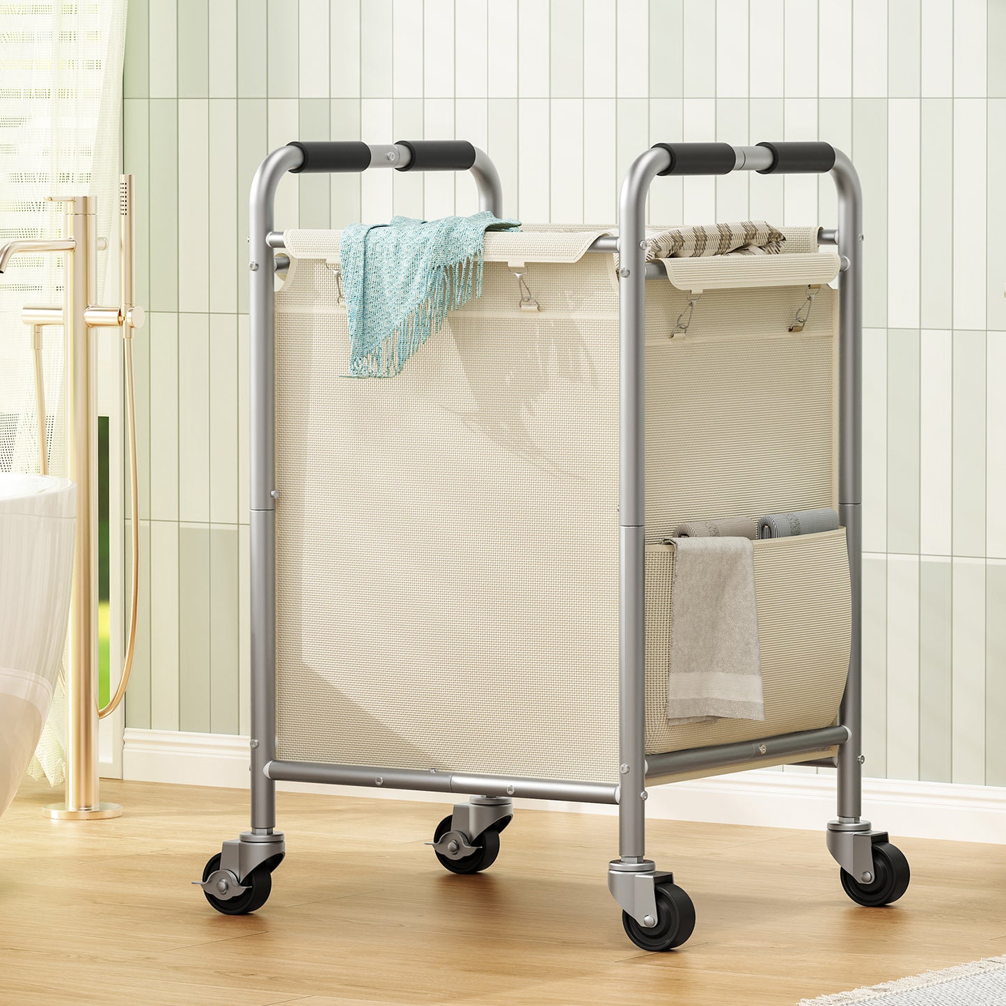 TEENFON Laundry Basket with Wheels, Rolling Laundry Sorter Cart with Side pockets,(180L) Rolling Laundry Hamper with Removable Bag and Handle for Bedroom, Beige