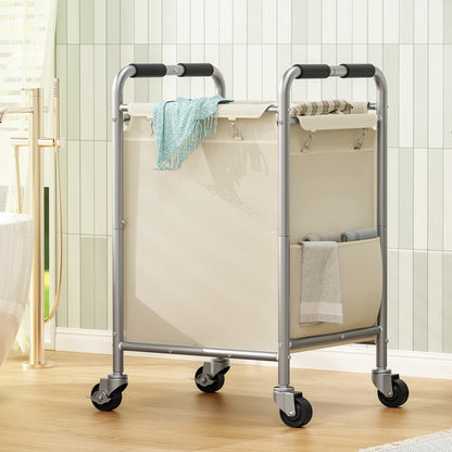 TEENFON Laundry Basket with Wheels, Rolling Laundry Sorter Cart with Side pockets,(180L) Rolling Laundry Hamper with Removable Bag and Handle for Bedroom, Beige