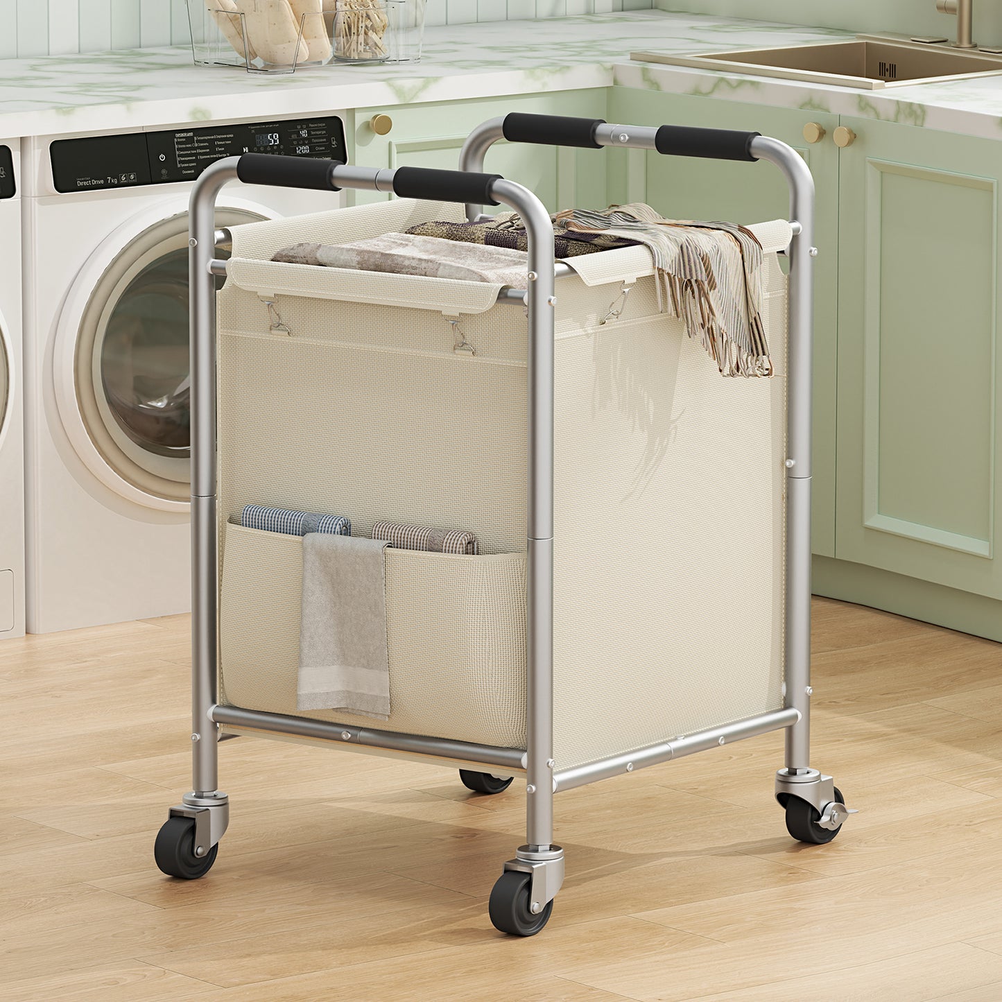 Laundry Basket with Wheels, Rolling Laundry Sorter Cart with Side pockets,47.6GAL(180L) Rolling Laundry Hamper with Removable Bag and Handle for Bedroom, Beige